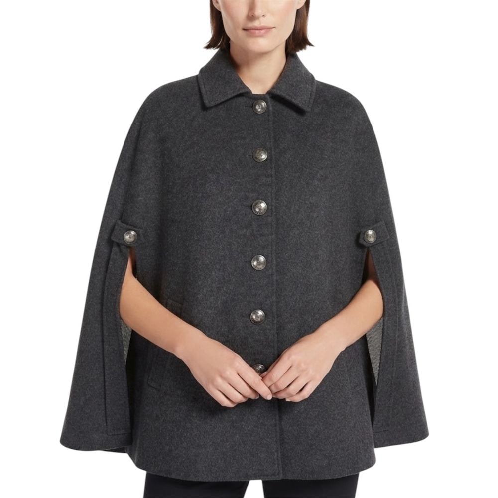 Brooks Brothers Cape Coat Women M Gray Wool Button Front Pinstripe Lining